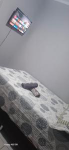 ein Bett mit zwei Paar Schuhen darauf in der Unterkunft Studio 42 próximo a UFT e Praias in Palmas