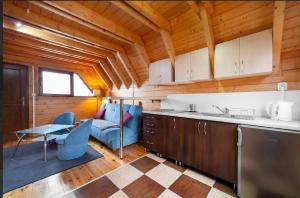 a kitchen and living room in a wooden cabin at Domki Port Jastarnia in Jastarnia