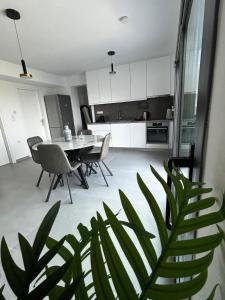 a kitchen and dining room with a table and chairs at Olympus Pearl in Skotina