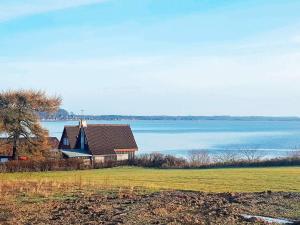 ein Haus, das auf einem Feld neben dem Wasser steht in der Unterkunft Seaside Luxury Retreat - By Traum Ferienwohnungen in Haderslev