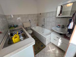 a small bathroom with a sink and a tub at Cvetlični Vrt in Radovljica