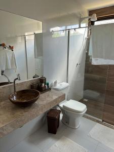 ein Badezimmer mit Waschbecken, Toilette und Dusche in der Unterkunft Casa para alugar em Bananeiras in Bananeiras