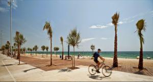 a man riding a bike on a beach with palm trees at Apartamento Dinasty in Empuriabrava