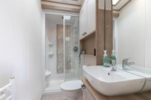 a bathroom with a sink and a toilet and a shower at Peaceful Millers Lodge at The Cotswold Water Park in South Cerney