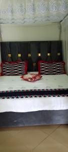 a bed with red and black pillows on it at Hotel Judith, GULU in Buwate