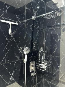 a black bathroom with a shower with a microphone at Villa Kate in Las Terrenas +55 photos