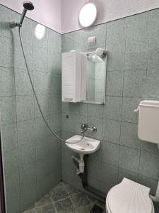 ZărkwischteにあるСемеен хотел Модерния ханのトイレ、洗面台、鏡のあるバスルーム