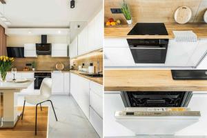 a kitchen with white cabinets and wooden counter tops at Apartament Centrum Plac Litewski 21 in Lublin +4 photos