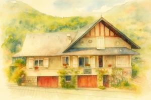 un dipinto di una casa con di Le Refuge des Isards - Chalet familial a Cauterets