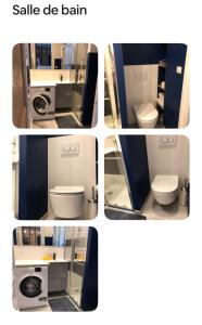 four pictures of a bathroom with a toilet and a sink at Chambre dans appartement familial au pied du métro et proche parc tête d or in Lyon