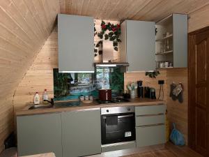 una cucina con mobili bianchi e un forno a piano cottura di Chalet Carolina a Padeş