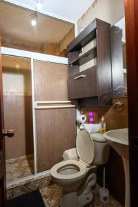 a bathroom with a toilet and a sink and a shower at Hermoso y cómodo loft con vista a los nevados in Riobamba