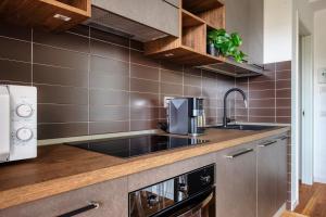 a kitchen with a sink and a microwave at GiaxTower Gym Spa & Pool Romantic Pool View in Milan