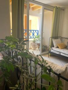 a living room with a bed and a plant at Appartement OCEAN VIEW in Tamraght Ouzdar