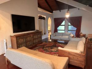 a living room with two beds and a flat screen tv at The White Horse, Private Pool, Sauna and Valley View in Cameron Highlands