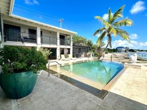 a swimming pool in front of a house with a palm tree at Seven Mile View Condo #3A in West Bay