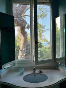 Un baño con lavabo y una gran ventana. en Villa Santa Maria al Poggio, en Porto San Giorgio
