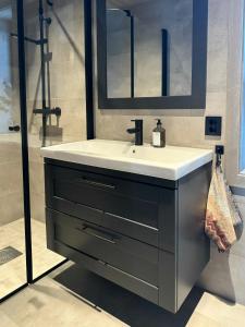 a bathroom with a sink and a mirror at Modern Family Cabin In Norefjell Ski-Inout in Surteberg +32 photos