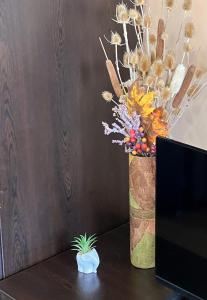 a vase filled with flowers on top of a desk at Ski Lift Studio 531 in Bansko
