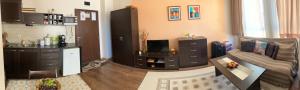 a living room with a couch and a table and a kitchen at Ski Lift Studio 531 in Bansko