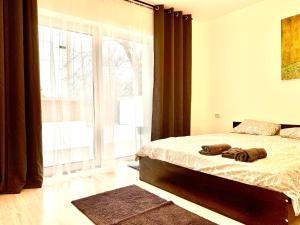 a bedroom with a bed and a large window at Vila ANA in Cluj-Napoca