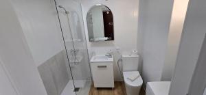 セビリアにあるÚrsula Triana Sevillaのトイレと洗面台を備えた白いバスルーム +2枚の写真