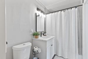 un bagno con un water, un lavandino e uno specchio di Charming 3-bedroom house in terrific Houston with AC, WiFi a Houston Altre 22 foto