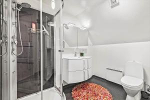 a bathroom with a shower and a toilet and a rug at 0236-Romo-Havnebyvej-61-G in Kongsmark +28 photos
