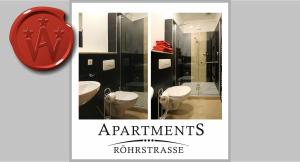 a bathroom with two toilets and a red sign at Apartments Röhrstraße in Weimar +27 photos