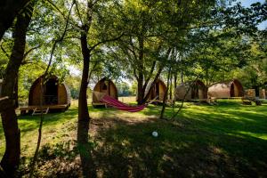 a hammock in the middle of a field with tents at Camp River Skadar Lake in Gostilj