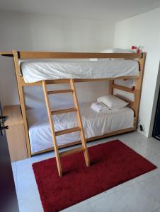 two bunk beds in a room with a red rug at Alpina Peaks in Saas-Fee