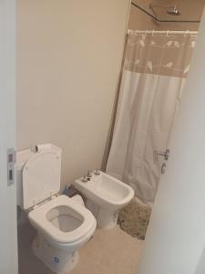 a bathroom with a toilet and a shower curtain at Monoambiente Zuly in San Miguel de Tucumán