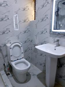 a bathroom with a white toilet and a sink at dreamland hotel in Abuja +9 photos