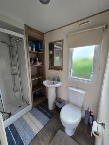 een badkamer met een toilet, een wastafel en een douche bij 2 Bed Caravan With Decking in Saint Osyth