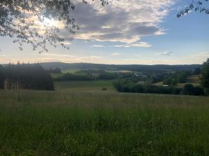 un campo di erba alta con vista su una valle di Ferienhaus im Odenwald a Modautal
