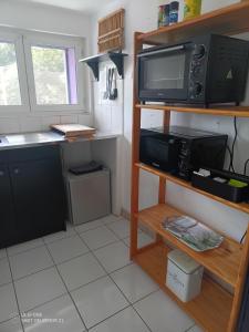 a kitchen with a microwave and a tv on a shelf at Nid Joyeux in Pompey +10 photos