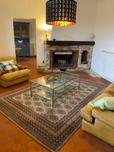 ein Wohnzimmer mit einem Glastisch und einem Kamin in der Unterkunft Le grand chêne in Villeneuve