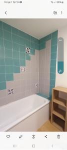 a bathroom with a tub and a green tile wall at Appartement de 46M2 in Chasseneuil-du-Poitou