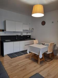 une cuisine et une salle à manger avec une table et des chaises dans l'établissement Bilocale tra Verona e Lago di Garda, à Bussolengo