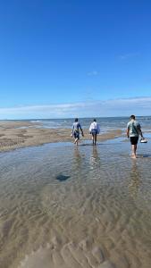 three people walking in the water on the beach at Strandhuisje Anna dicht bij de zee in Ouddorp