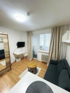 ein Wohnzimmer mit Sofa und Fernseher in der Unterkunft Cozy Apartment next to the train station and near the city center in Bratislava
