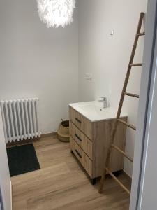 ein Badezimmer mit einem Waschbecken und einer Leiter darin in der Unterkunft Farmhouse in Montaigu-Vendée