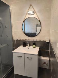 a bathroom with a white sink and a mirror at Entre lac et montagne in Thonon-les-Bains