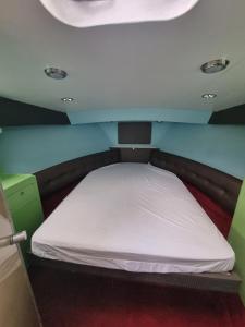 ein kleines Bett auf der Rückseite eines kleinen Zimmers in der Unterkunft Gezellig overnachten luxe boot in De Punt
