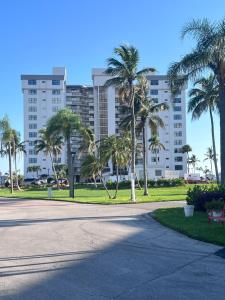 a park with palm trees in front of a large building at Amazing Sunsets and dolphin sightings! in Fort Myers
