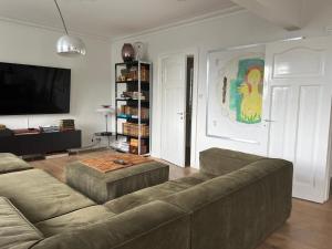 a living room with a couch and a flat screen tv at Downtown Villa - Embassy Quarter in Reykjavík