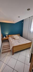 フロンティニャンにあるAppartement cosy le flamant roseの青い壁のベッドルーム1室