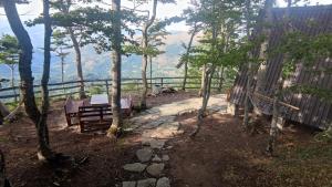 a bench sitting on top of a hill with trees at Krnovo Mountain Lodge in Kruševice +35 photos