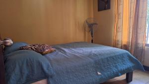 a bedroom with a bed with a pillow and a fan at Casa en Santa Cruz a 40min de Tamarindo in Santa Cruz