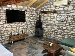 ein Wohnzimmer mit einer Steinwand und einem Flachbildfernseher in der Unterkunft Villa Nikos in Sami